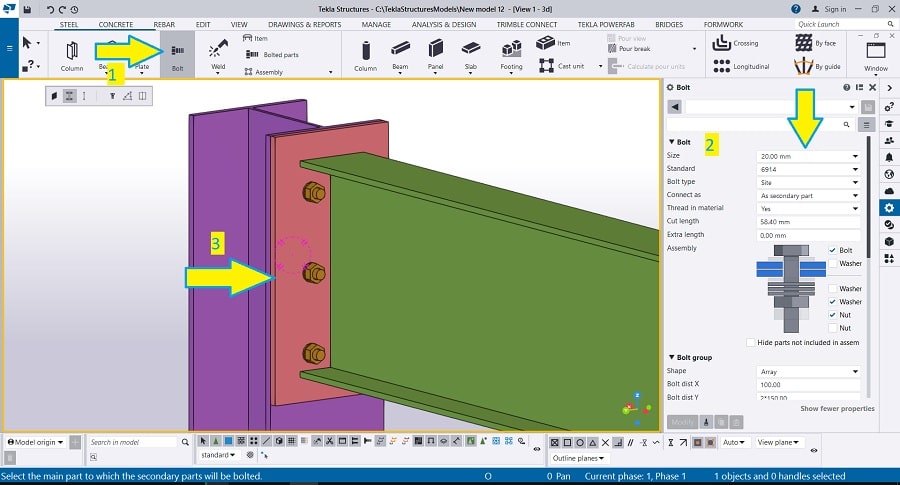 آموزش تکلا استراکچرز tekla structures | اتصالات پیچی سازه فولادی در تکلا استراکچرز