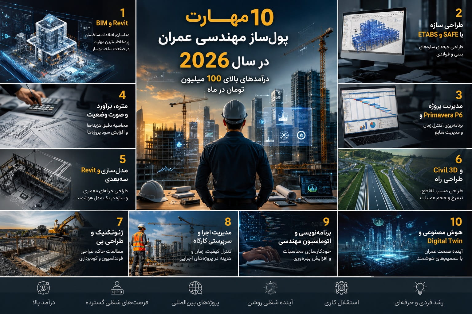 10 مهارت پول‌ساز مهندسی عمران در سال 2026 | درآمدهای بالای 100 میلیون تومان در ماه