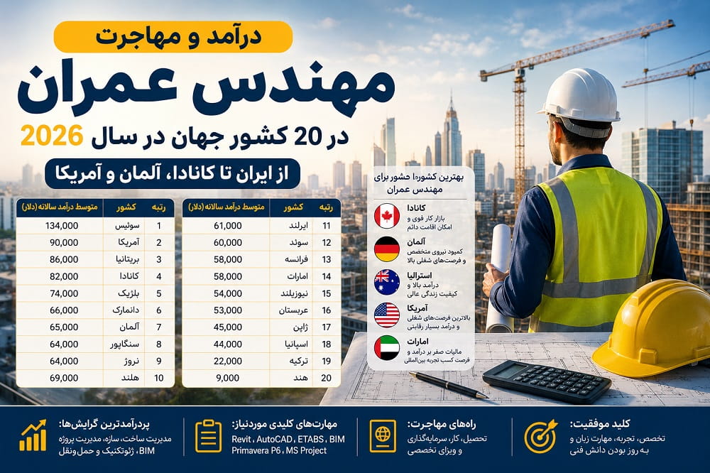 درآمد و مهاجرت مهندس عمران در 20 کشور جهان در سال 2026؛ از ایران تا کانادا، آلمان و آمریکا