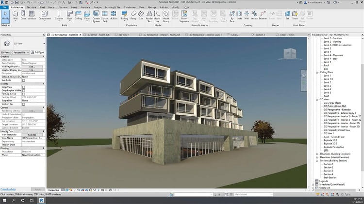 مدل سه‌بعدی ساختمان در محیط Revit