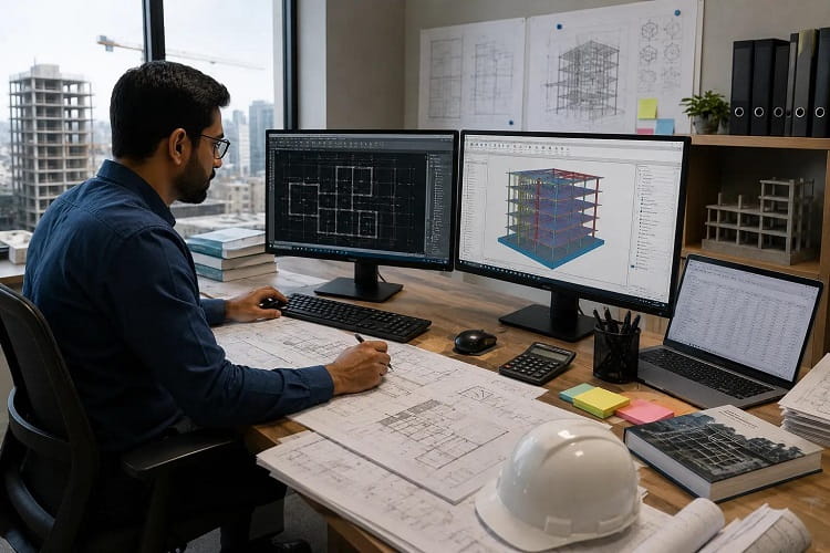 مهندس عمران در حال کار با نقشه‌های اتوکد